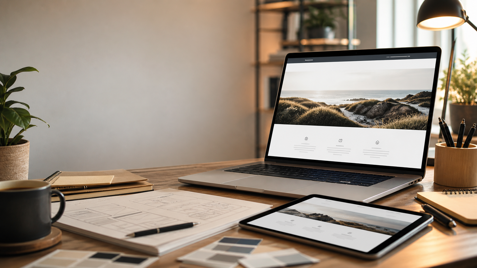 A business owner working with a simple website on a laptop